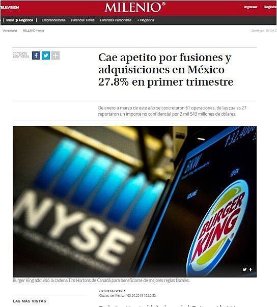 Cae apetito por fusiones y adquisiciones en Mxico 27.8% en primer trimestre